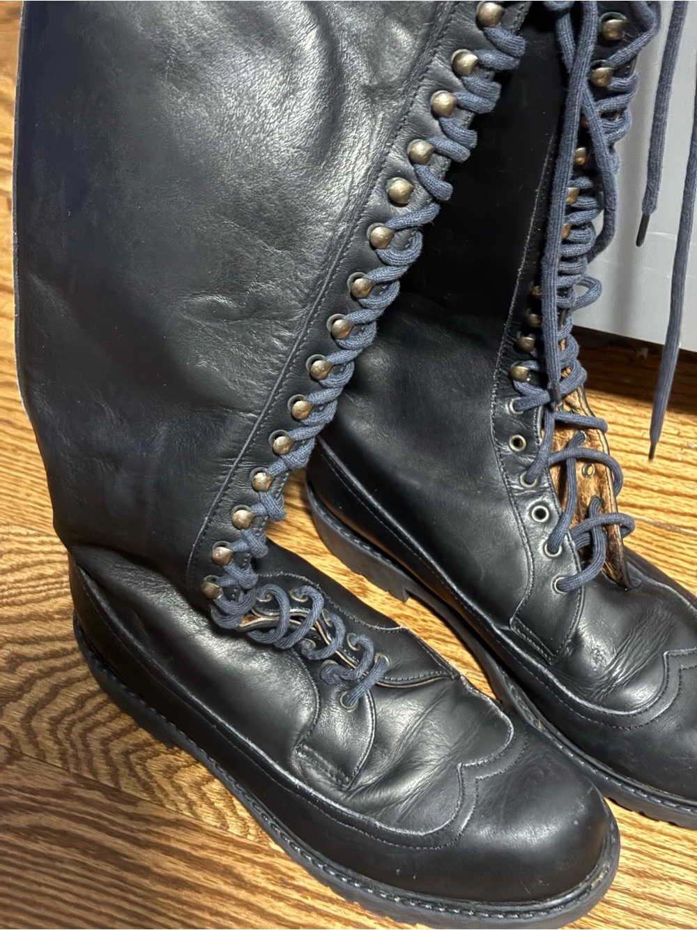 Women’s Black Leather Combat Boots with Stud Lace Trim